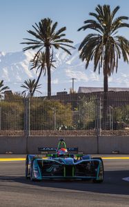 Preview wallpaper formula 1, car, track, racing, asphalt, racer, trees, palm trees, fence