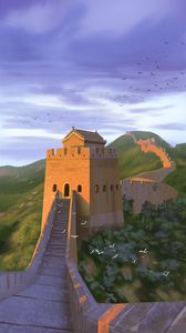 Preview wallpaper fortress, building, birds, art