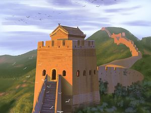 Preview wallpaper fortress, building, birds, art