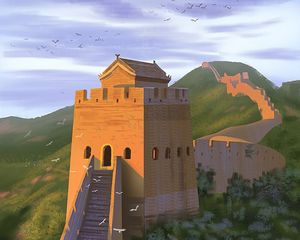 Preview wallpaper fortress, building, birds, art