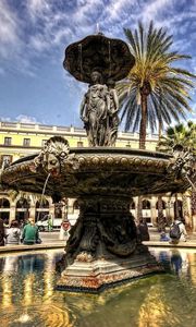 Preview wallpaper fountain, building, light, people, day, palm trees, architecture, hdr