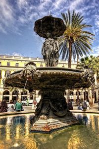 Preview wallpaper fountain, building, light, people, day, palm trees, architecture, hdr