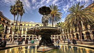 Preview wallpaper fountain, building, light, people, day, palm trees, architecture, hdr