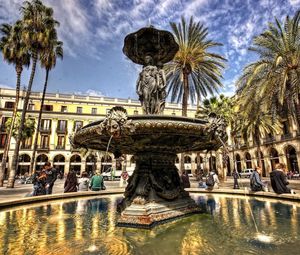 Preview wallpaper fountain, building, light, people, day, palm trees, architecture, hdr