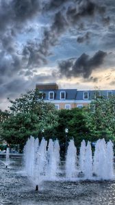 Preview wallpaper fountain, building, trees, water, hdr