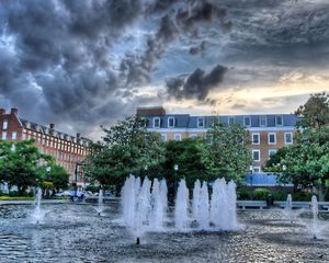 Preview wallpaper fountain, building, trees, water, hdr