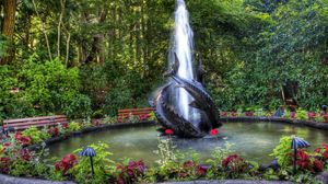 Preview wallpaper fountain, fishes, garden, vegetation, benches