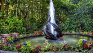 Preview wallpaper fountain, fishes, garden, vegetation, benches