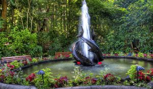 Preview wallpaper fountain, fishes, garden, vegetation, benches