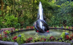Preview wallpaper fountain, fishes, garden, vegetation, benches