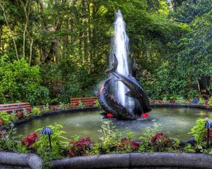 Preview wallpaper fountain, fishes, garden, vegetation, benches