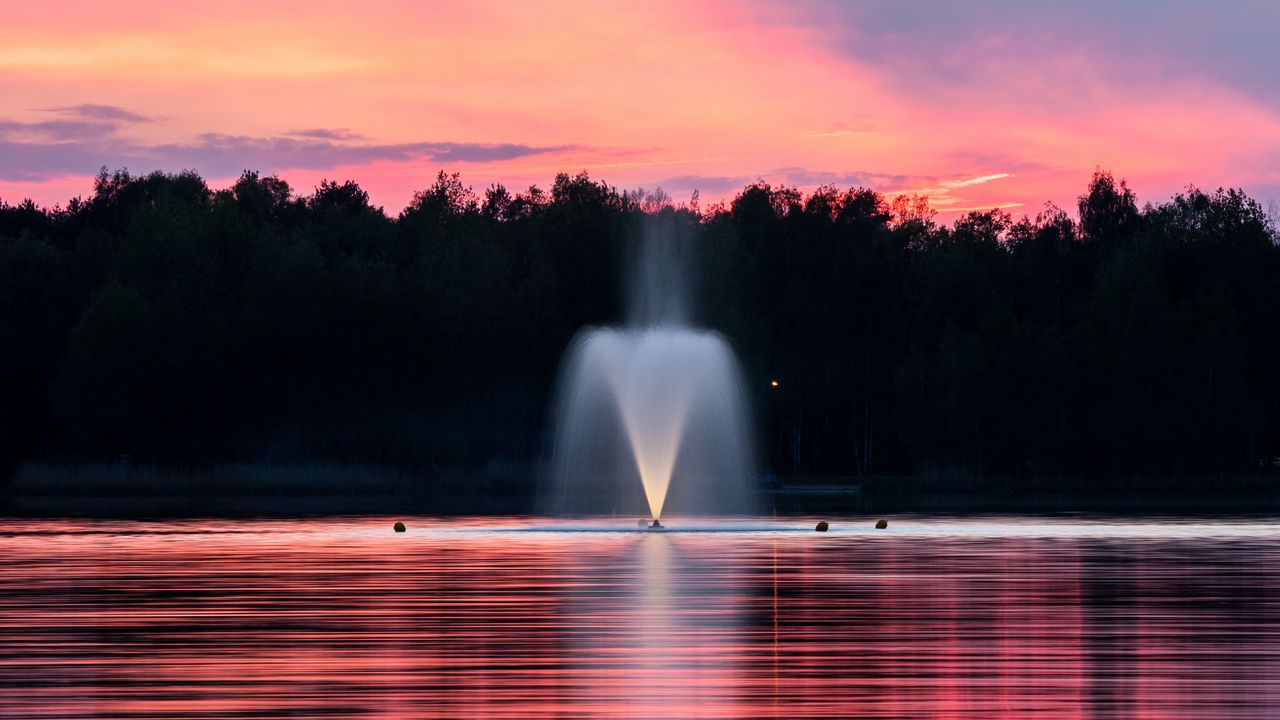 Wallpaper fountain, lake, sunset, trees