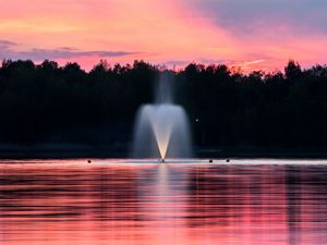 Preview wallpaper fountain, lake, sunset, trees
