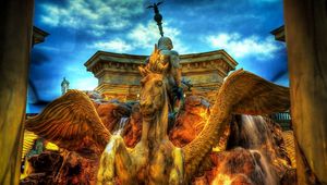 Preview wallpaper fountain, pegasus, city, hdr