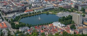 Preview wallpaper fountain, pond, buildings, city, bergen, norway