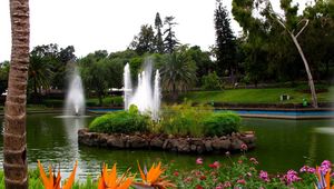 Preview wallpaper fountain, pond, garden, registration, flowers, yellow, brightly