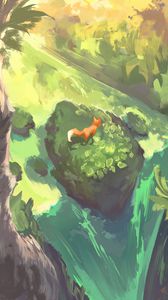 Preview wallpaper fox, animal, waterfall, art