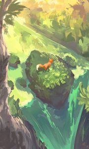 Preview wallpaper fox, animal, waterfall, art