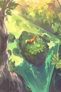 Preview wallpaper fox, animal, waterfall, art