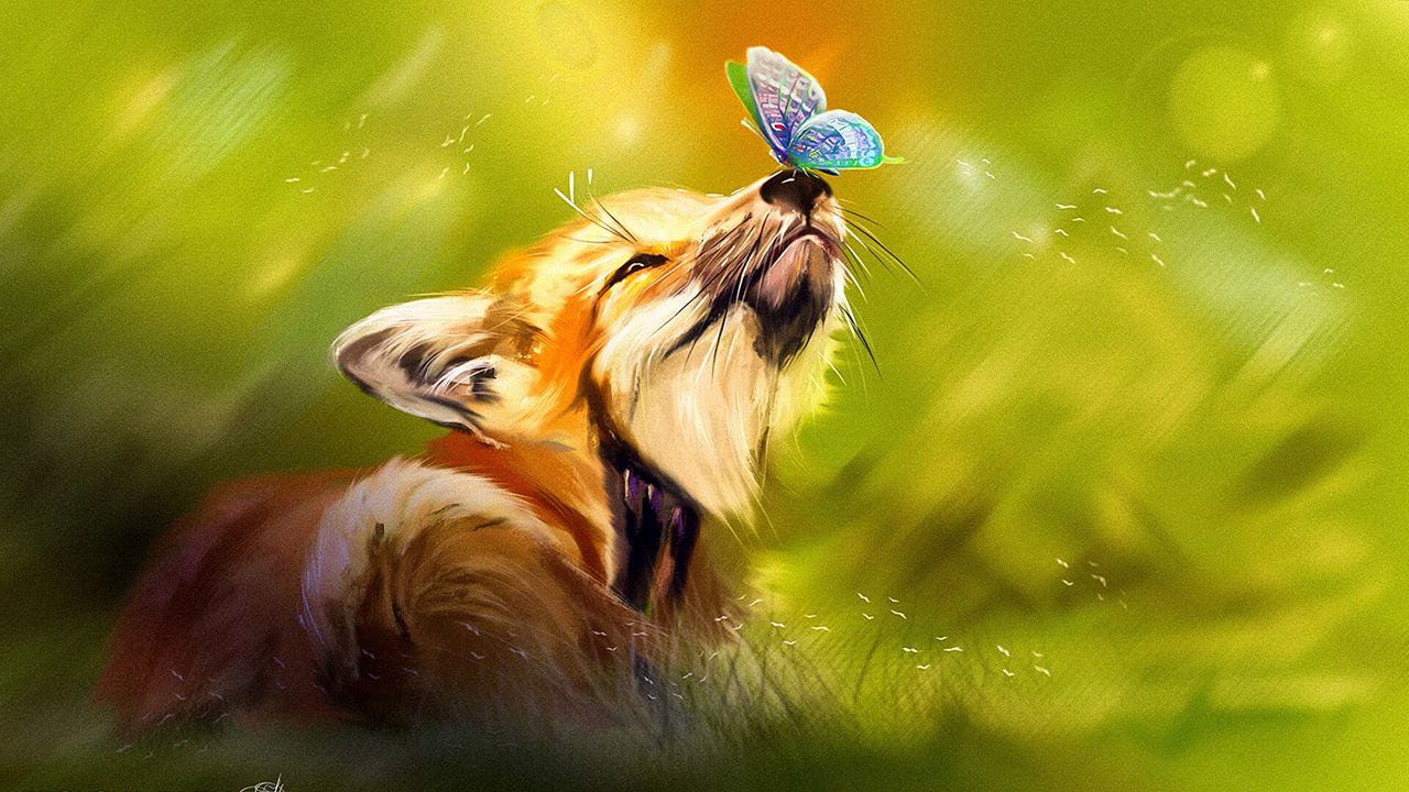 Wallpaper fox, butterfly, cute, animal, art