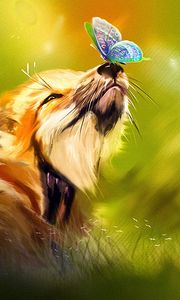 Preview wallpaper fox, butterfly, cute, animal, art