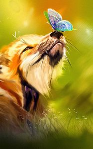 Preview wallpaper fox, butterfly, cute, animal, art