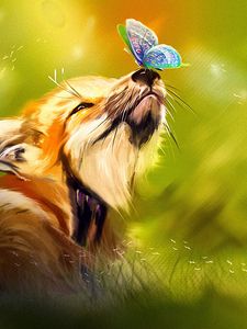 Preview wallpaper fox, butterfly, cute, animal, art