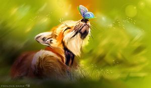 Preview wallpaper fox, butterfly, cute, animal, art