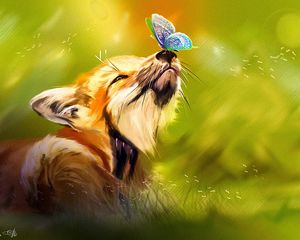 Preview wallpaper fox, butterfly, cute, animal, art