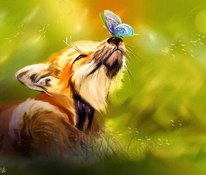 Preview wallpaper fox, butterfly, cute, animal, art