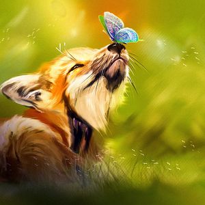 Preview wallpaper fox, butterfly, cute, animal, art