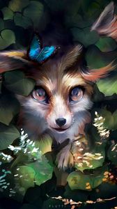 Preview wallpaper fox, cute, art, butterfly, leaves