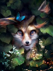 Preview wallpaper fox, cute, art, butterfly, leaves