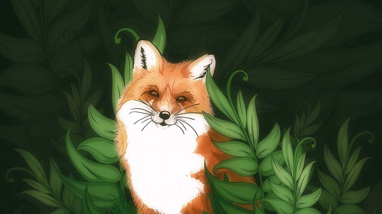 Wallpaper fox, cute, bushes, art