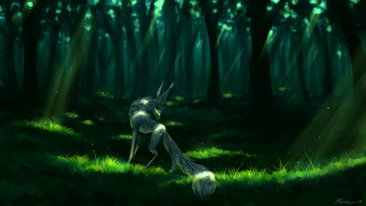 Wallpaper fox, fantastic, art, forest, green