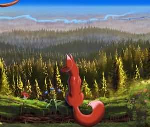 Preview wallpaper fox, forest, landscape, nature, art