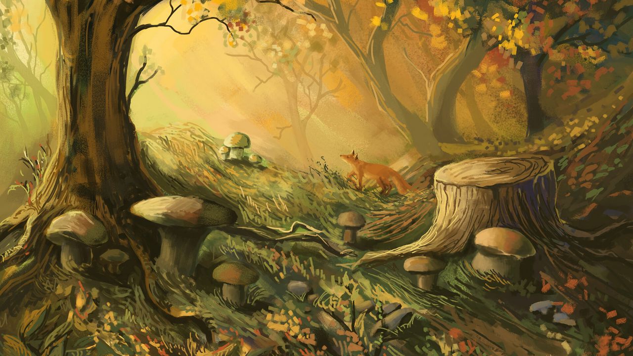 Wallpaper fox, forest, trees, mushrooms, art