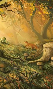 Preview wallpaper fox, forest, trees, mushrooms, art