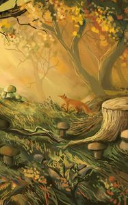 Preview wallpaper fox, forest, trees, mushrooms, art