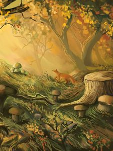 Preview wallpaper fox, forest, trees, mushrooms, art