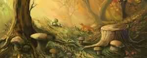 Preview wallpaper fox, forest, trees, mushrooms, art