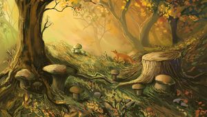 Preview wallpaper fox, forest, trees, mushrooms, art