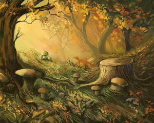 Preview wallpaper fox, forest, trees, mushrooms, art