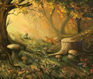 Preview wallpaper fox, forest, trees, mushrooms, art