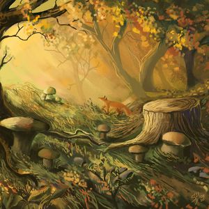 Preview wallpaper fox, forest, trees, mushrooms, art