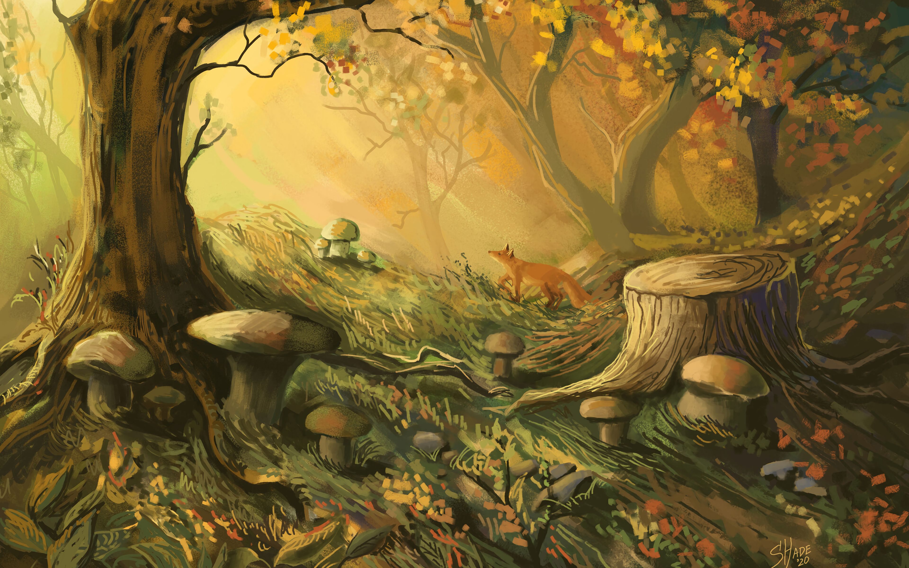 Download wallpaper 3840x2400 fox, forest, trees, mushrooms, art 4k