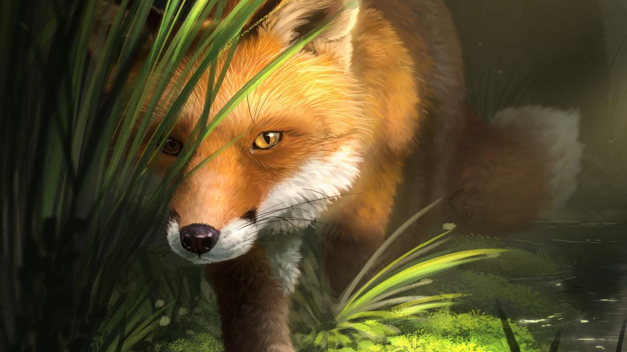 Wallpaper fox, grass, art, animal, wildlife