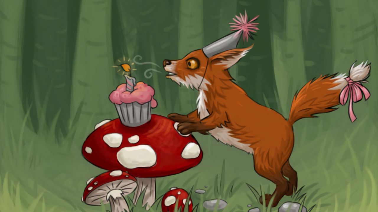 Wallpaper fox, mushrooms, cupcake, birthday, art