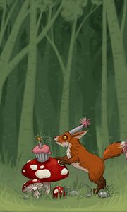 Preview wallpaper fox, mushrooms, cupcake, birthday, art