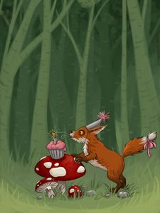 Preview wallpaper fox, mushrooms, cupcake, birthday, art